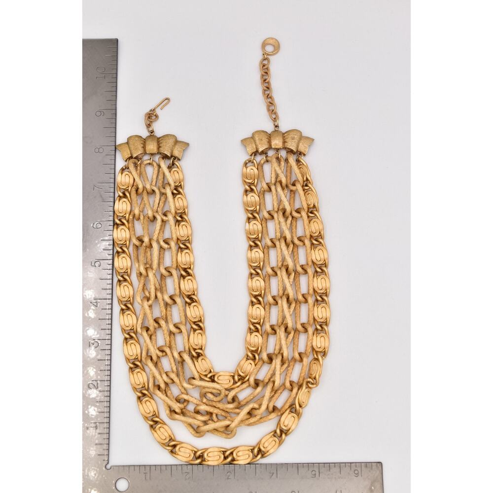 Vintage 1980s Gold Multi Strand Chain Necklace Bow Bib Statement Collar 80s BinT - Picture 12 of 12